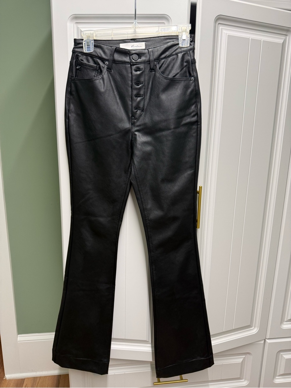 KanCan Black Faux Leather Flare Pants with Button Front
